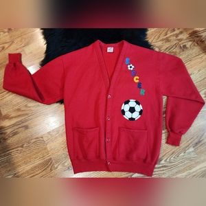 Jerzees Red Cardigan with Embroidered Soccer Ball and Letters